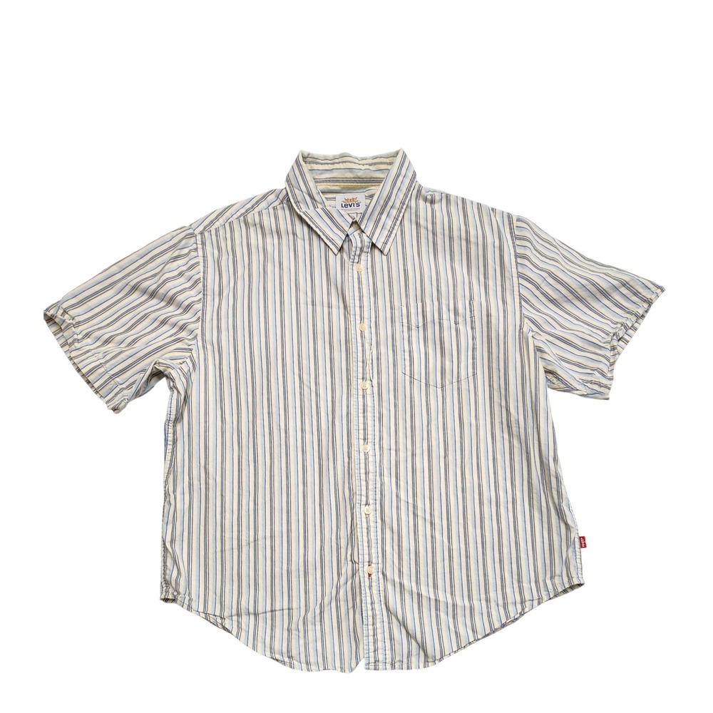 Levis Mens XL Short Sleeve Button Down Shirt Striped Cotton Streetwear Blue XL